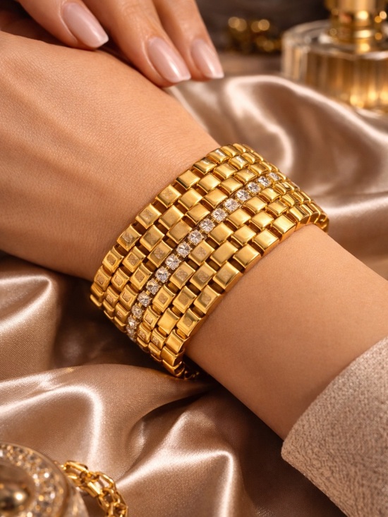 Jewelry - Chunky Gold Statement Bracelet Wide Link Rhinestone Center Glam Vintage Style
